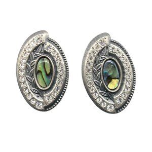 NURI Signed Inlaid Abalone Crystal and Leaves Evil Eye Design Pewter Stud Earrin
